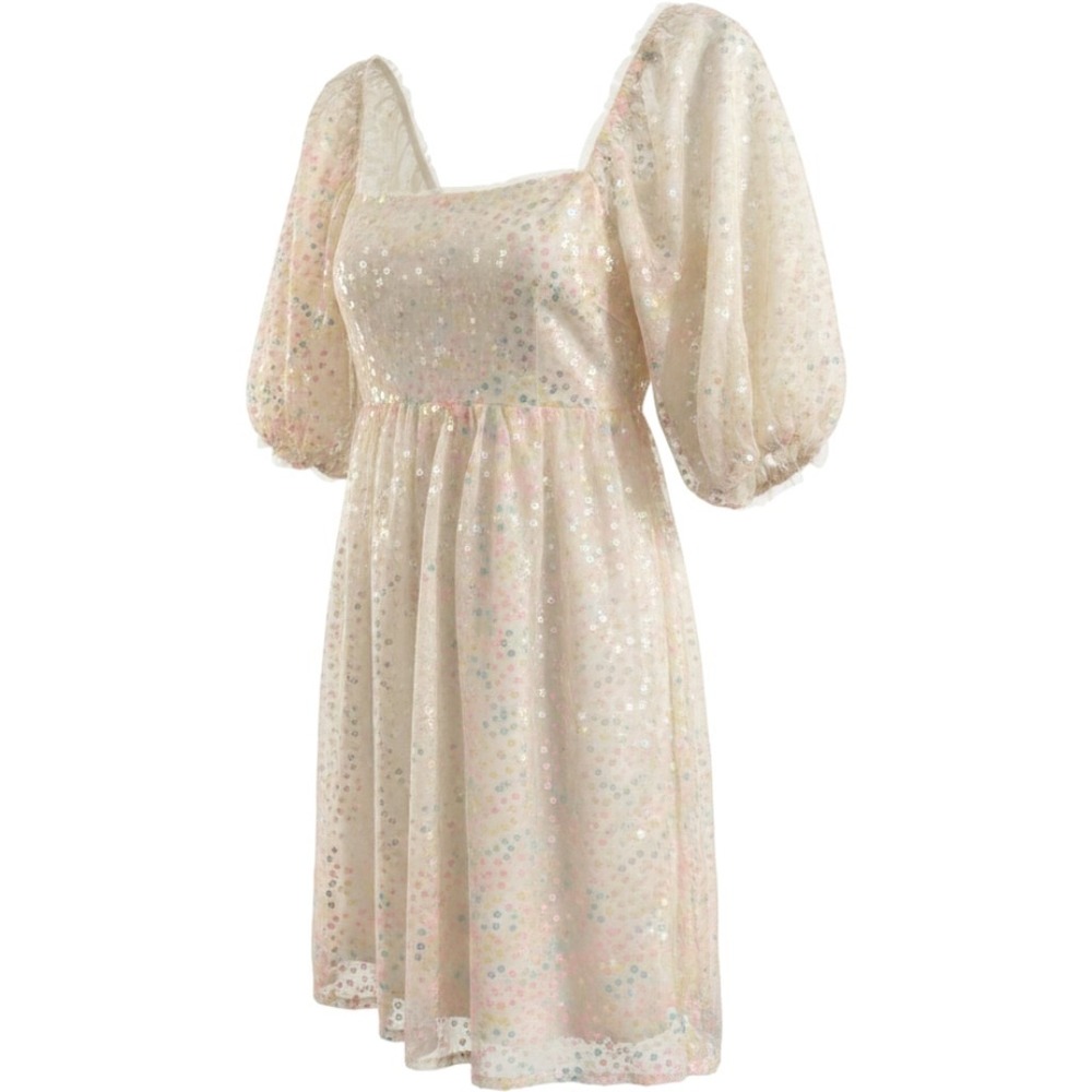 Altar'd State Sequin Floral Mini Dress Shasta XS White Pastel Puff Sleeve Fairy